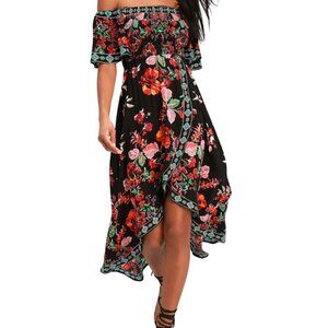Lulus Danica Black Floral Print Smocked High-Low Maxi Dress Size XL